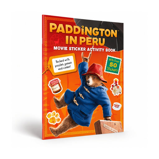 Paddington in Peru: Movie Sticker Activity Book featuring Paddington Bear on a bright orange cover with a black top banner and colorful sticker illustrations.