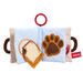 A Paddington baby sensory book toy featuring a light blue and white gingham cover with a red hanging ring, a brown paw print patch, and a bread slice patch on a white background.
