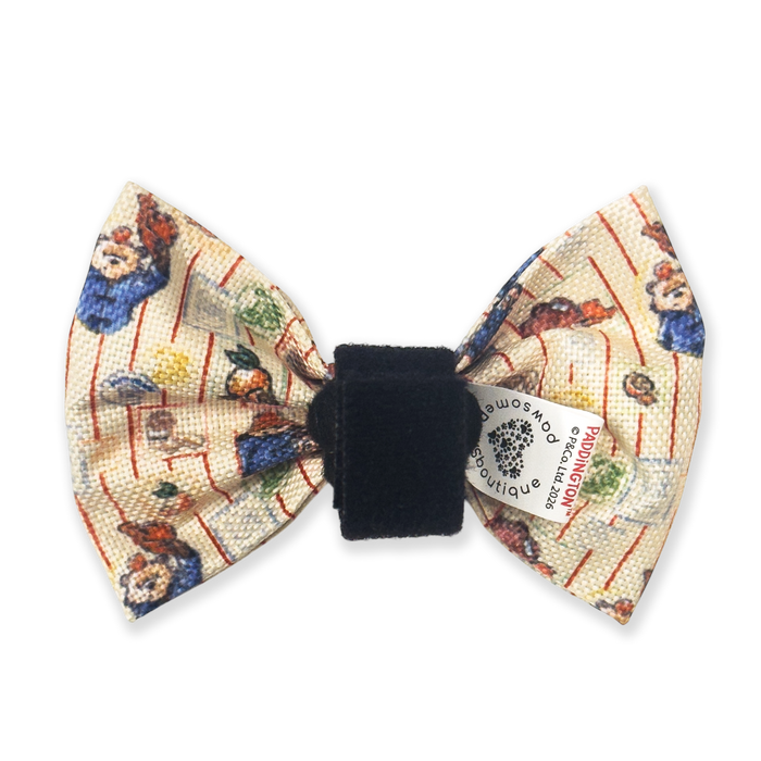 Dog Bow tie with paddington-style design on a white background