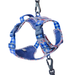 Blue and white gingham patterned dog harness with a gingham print on the inner straps and black metal carabiner clips for leash and D ring attachment, shown on a white background.