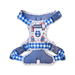 A Paddington-themed dog harness featuring blue and white gingham check straps, a central printed patch with Paddington and a toy, and a blue mesh padded back panel, shown on a white background.