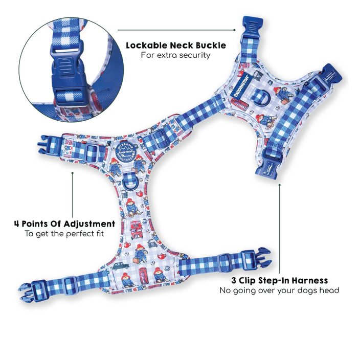 A blue and white patterned dog harness with adjustable straps, shown on a white background with callout lines and text explaining features like the lockable neck buckle, four points of adjustment, and three clip step-in design. An inset circle highlights the adjustable neck buckle detail.