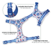 A blue and white patterned dog harness with adjustable straps, shown on a white background with callout lines and text explaining features like the lockable neck buckle, four points of adjustment, and three clip step-in design. An inset circle highlights the adjustable neck buckle detail.