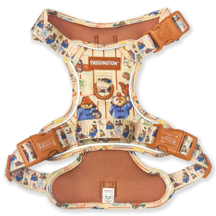 Dog harness with Paddington Bear pattern on a white background