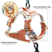 Dog harness with colorful pattern and metal D-rings on a white background