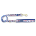 A dog leash with a blue handle and a matching flexible strap, featuring a repeating pattern of cartoon Paddingtons in blue duffle coats. The leash has gold-tone metal hardware, including a snap hook and D-ring, and the brand name 'PADDINGTON' is printed on the handle.