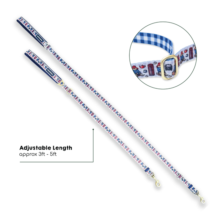 A dog leash with an adjustable length strap featuring a paddington red, white, and blue pattern, shown with a circular inset of its blue gingham collar end and a gold-tone buckle.