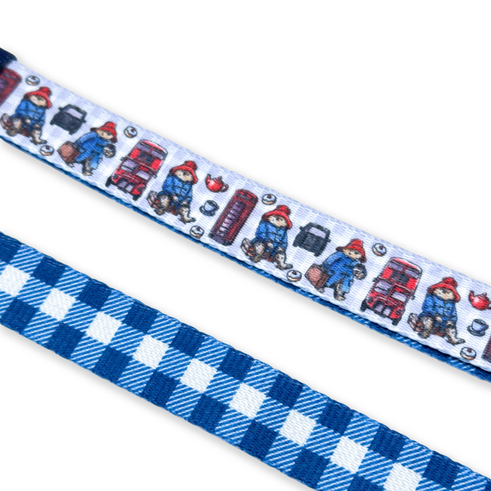 Two ribbons of blue and white checkered fabric shown on a white background. The top ribbon features a repeating pattern of Paddington Bear characters, and the bottom ribbon is a solid blue and white gingham check.