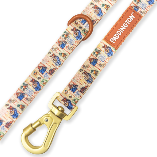 Dog leash with Paddington Bear design and gold clasp on a white background