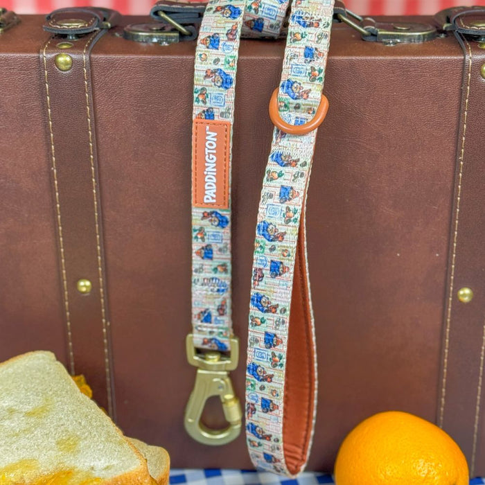 A close-up of a dog leash with a colorful cartoon pattern, draped over a brown leather suitcase. The leash features an orange PADDINGTON brand label and a gold-tone metal clasp.