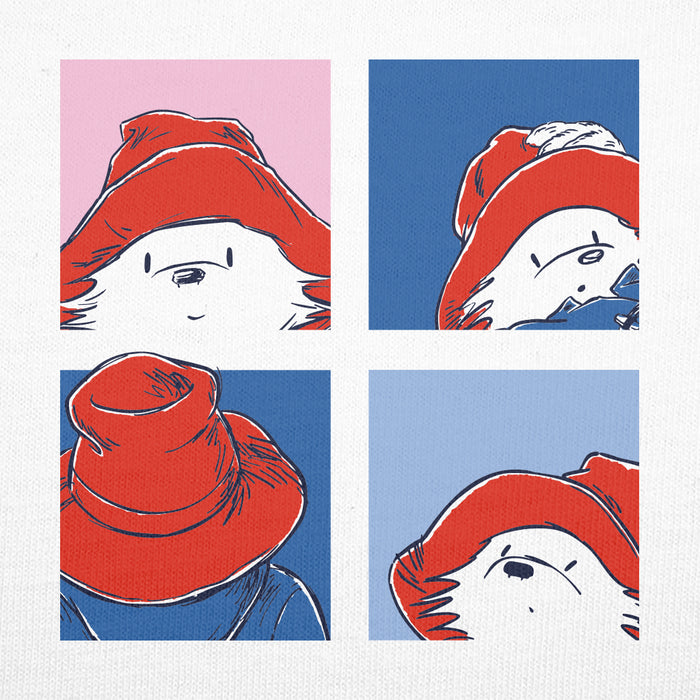 A four-panel graphic illustration showing a white Paddington bear character wearing a red hat, arranged in a 2x2 grid on a light textured background.
