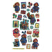 A sheet of colorful Paddington Bear themed stickers and small cutout pieces on a plain white background, including Paddington in a duffel coat, a red London bus, a suitcase, a hat, and various character illustrations.