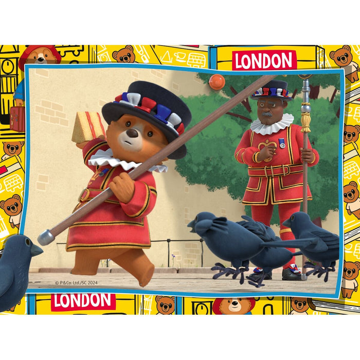 Illustration of paddington bear in a red uniform with a flag, standing next to a person in a red uniform with a flag, with 'London' text and teddy bear graphics in the background.