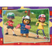 Three animated characters in colorful outfits and helmets on a colorful border with a grassy field background.