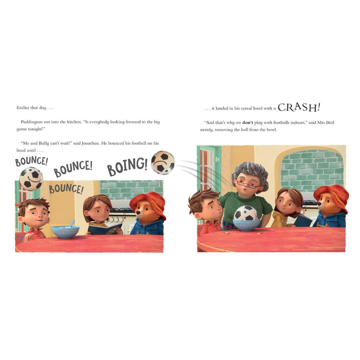 Pages of a Paddington Football book with a family reading in the kitchen