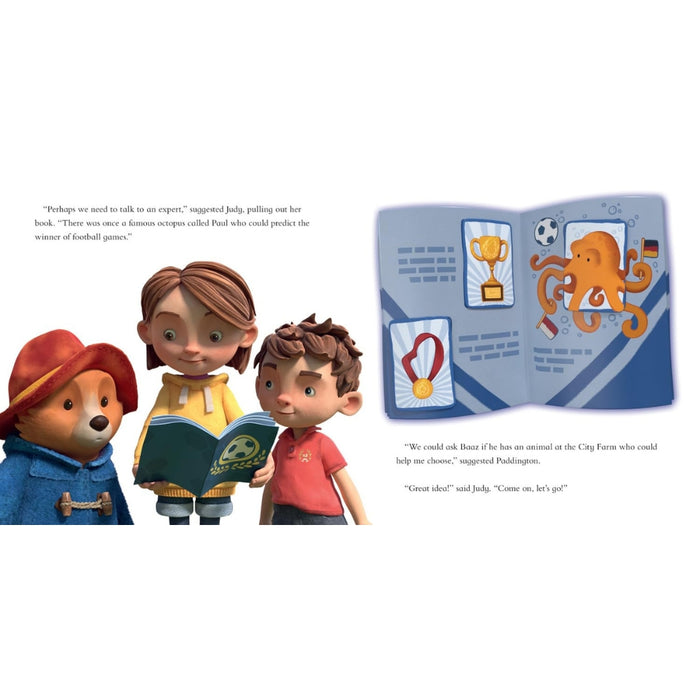 Paddington and family reading a book about football