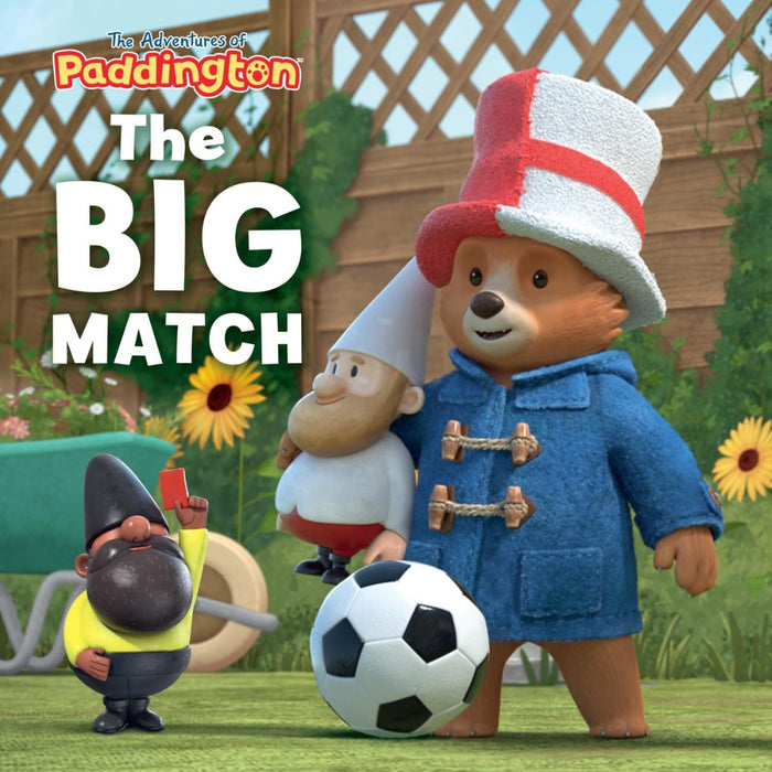 Cartoon bear in a blue coat and red and white hat with a soccer ball, surrounded by gnomes, in a garden setting.