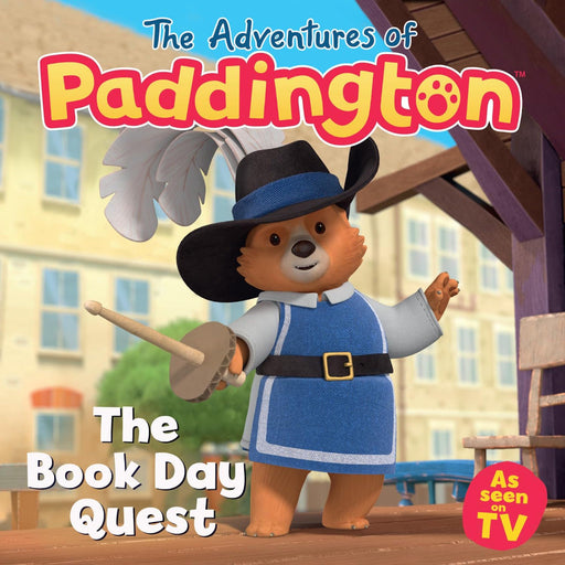 Cover of a Paddington Bear book titled 'The Book Day Quest', showing Paddington Bear dressed as a character from a book.