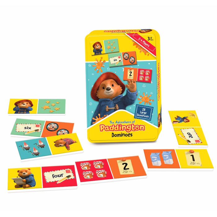 Paddington bear themed dominoes game set with packaging on a white background