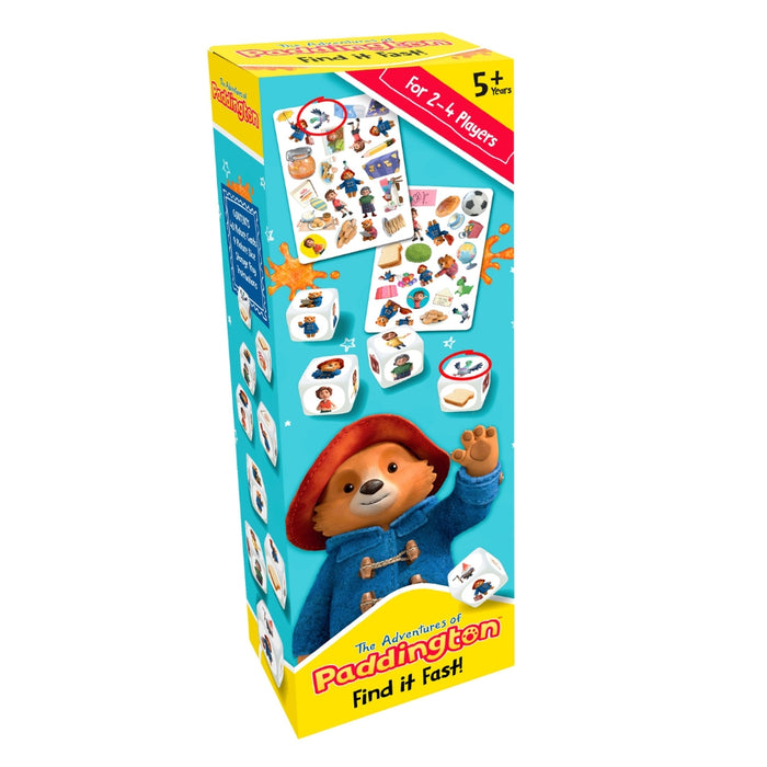 Paddington find it fast matching dice and board memory game for kids with packaging on a white background