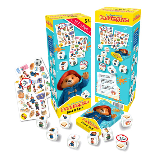 Paddington matching dice and board memory game for kids with packaging on a white background