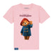 A pink kids' T-shirt with a graphic of Paddington Bear in a red hat and blue coat on a pink background, with the text 'The Adventures of Paddington'.
