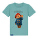 A blue kids' T-shirt with a graphic of Paddington Bear in a red hat and blue coat on a teal background, with the text 'The Adventures of Paddington'.