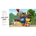A printed book or booklet page featuring a colorful illustration of Paddington Bear riding a orange scooter in a park, with a white bird in front and another character behind. The left side includes printed text and quotes on a white background.