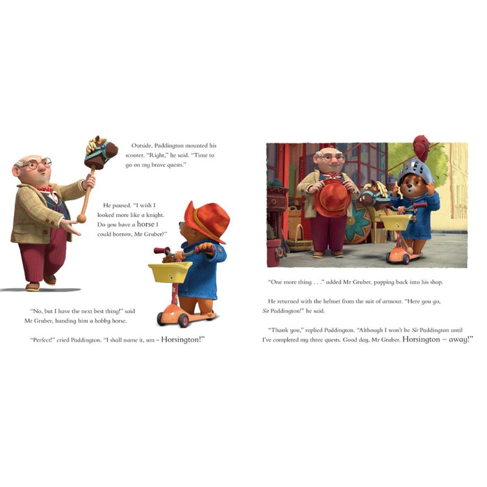 A two-page spread from a children's book featuring illustrated characters and printed text. The left page shows Mr. Gruber with a horse toy