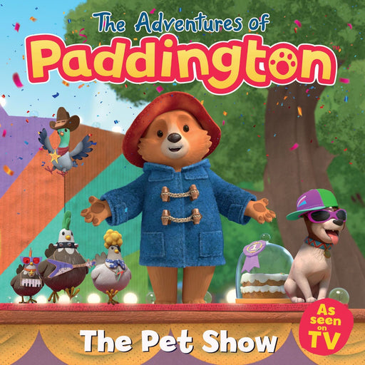 Cover of a children's picture book titled 'The Adventures of Paddington: The Pet Show' featuring cartoon illustrations of Paddington Bear and other animals, with a festive background.