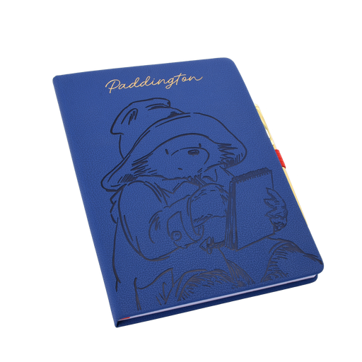 Blue notebook and pen with Paddington Bear illustration on a white background