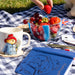 Picnic setup with a mug, Paddington notebook, and fruit bowl on a checkered blanket.