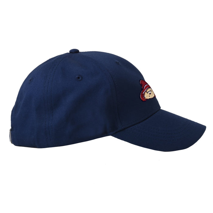 Navy blue Paddington baseball cap with a small embroidered facenlogo on a white background