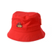 Red bucket hat with a small embroidered Paddington bear design on a white background