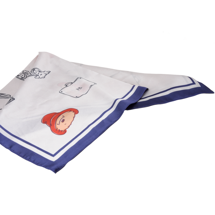 White Paddington bear scarf with blue border featuring cartoon character design on a white background