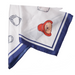 White scarf with navy blue border featuring cartoon Paddington bear character and marmalade sandwich  design on a white background