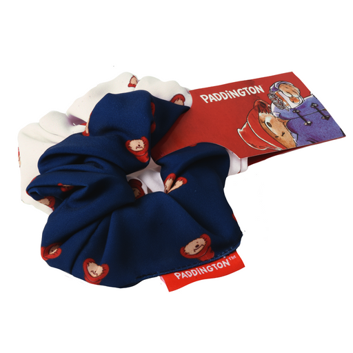 Set of 2 scrunchies with Paddington Bear design on a white background. One navy blue and the other is white