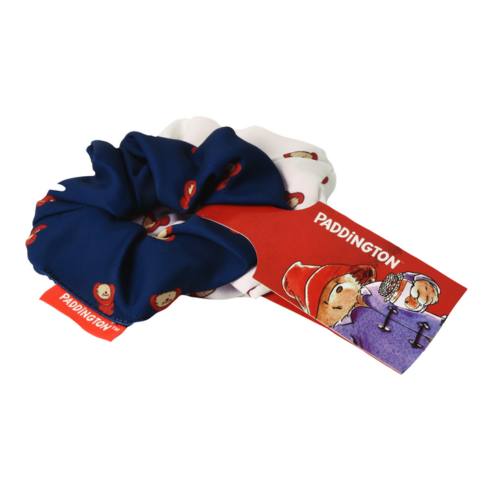 Two scrunchies with Paddington Bear designs on a white background