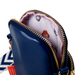 Close-up of a blue pouch with gold zipper, white interior, and visible Paddington brand logo.