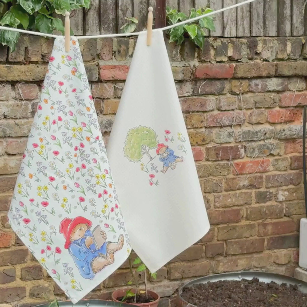 Video of a summer washing line featuring 2 paddington loral tea towels in front of a brick wall and a close up of the cartoon artwork