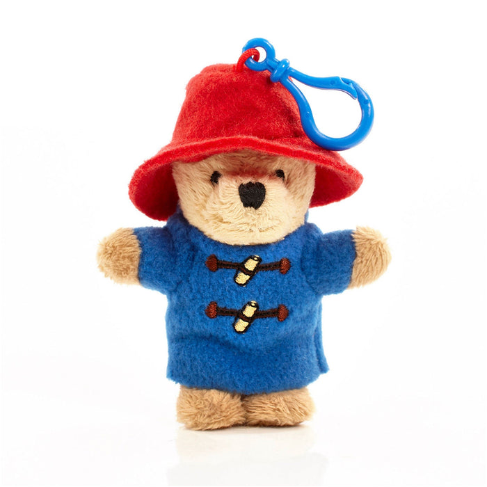 red and blue paddington bear plush keychain on a white background