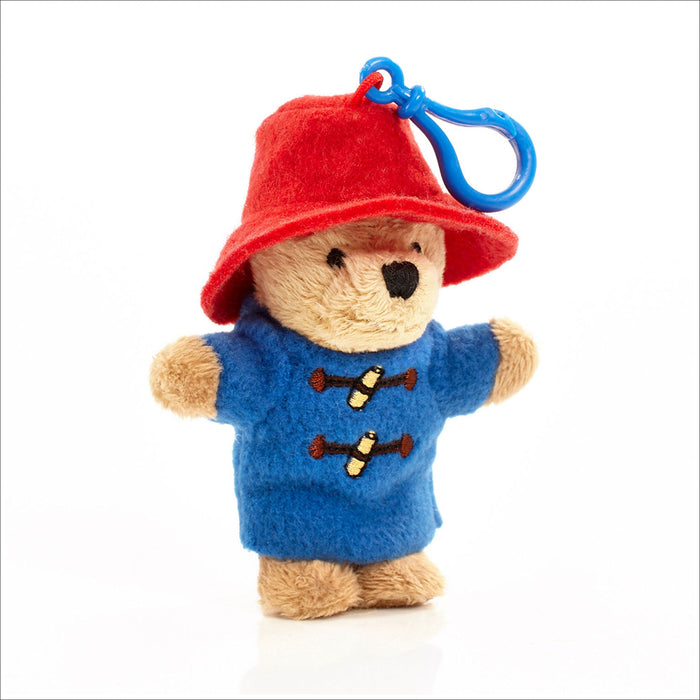 red and blue paddington bear plush keychain on a white background