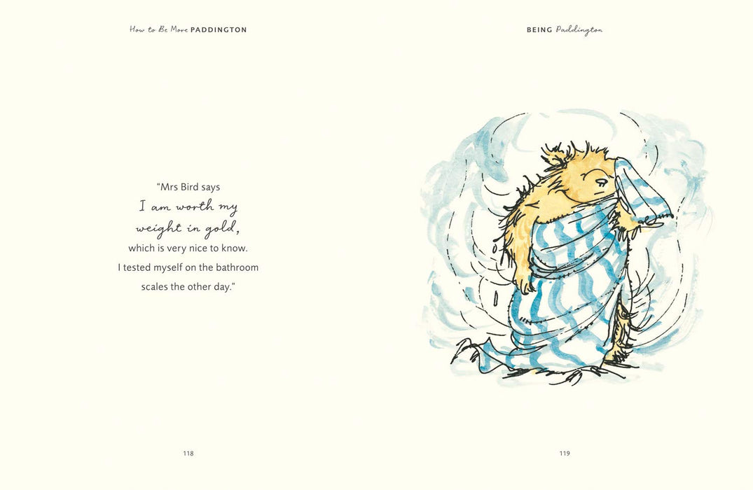 Illustration and quote from A hardback book called 'How To Be More Paddington - A Book of Kindness by Michel Bond and Peggy Fortnum on a white background