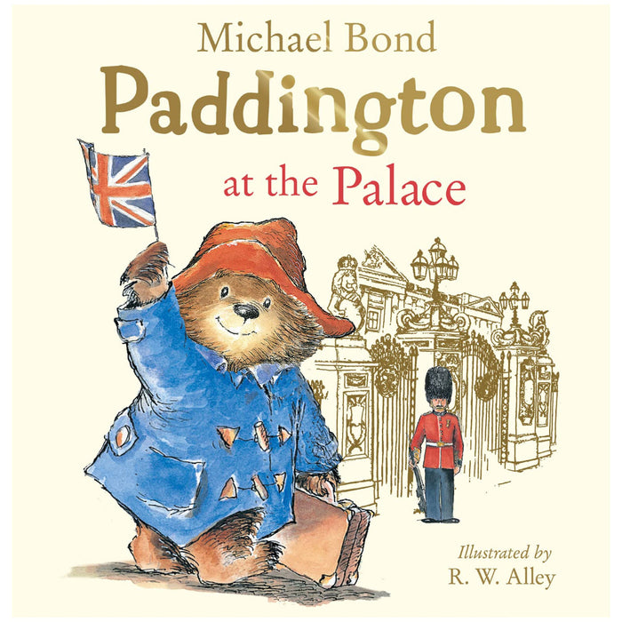 Book cover of 'Paddington at the Palace' featuring an illustration of Paddington Bear outside Buckingham Palace, holding a British flag, with a Guardsman in the background.