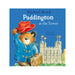 Book cover of 'Paddington at the Tower' featuring an illustration of Paddington bear wearing a red hat, with the Tower of London in the background.
