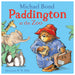 Book cover for 'Paddington at the Zoo' featuring an illustration of Paddington Bear wearing a red hat and a blue coat, holding a sandwich, with a variety of zoo animals looking on.
