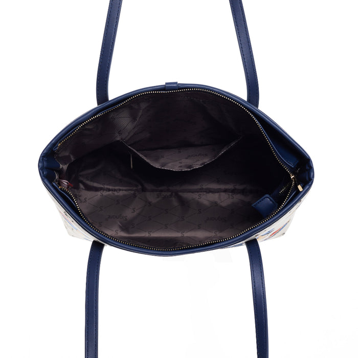 Navy blue handbag with a white interior on a white background