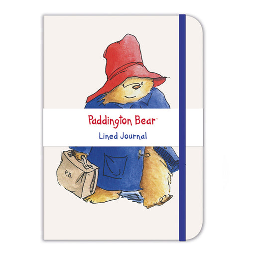 White Paddington bear lined mini journal with illustration of paddington bear and suitcase