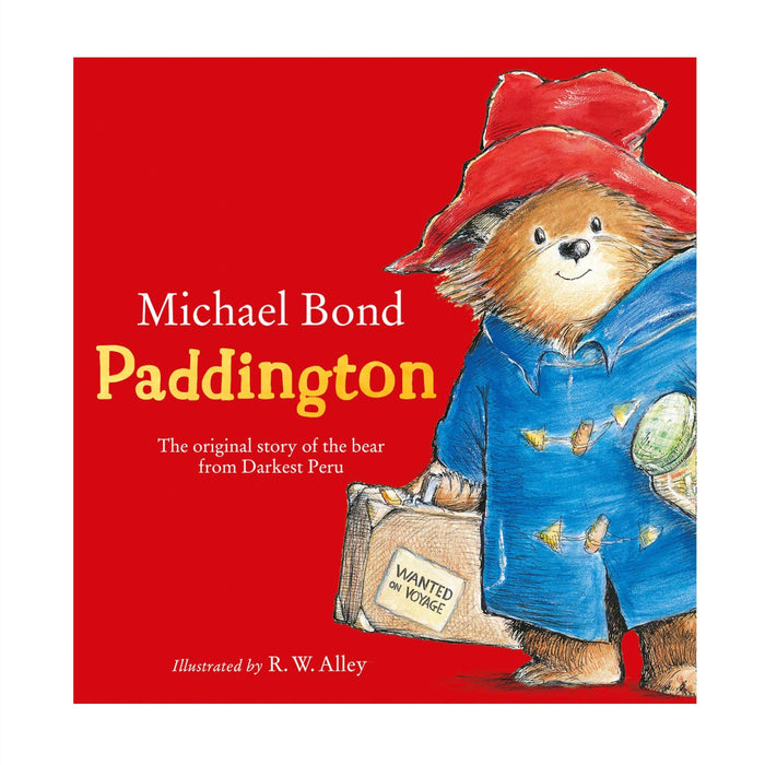 Cover of the children's picture book 'Paddington' featuring an illustration of the bear wearing a red hat and blue coat, holding a suitcase, with a red background.
