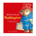 Cover of the children's picture book 'Paddington' featuring an illustration of the bear wearing a red hat and blue coat, holding a suitcase, with a red background.